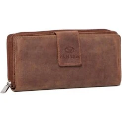 Almadih Geldbörse Mila, Echt Leder, Damen RFID Schutz Münzfach Reißverschluss Braun