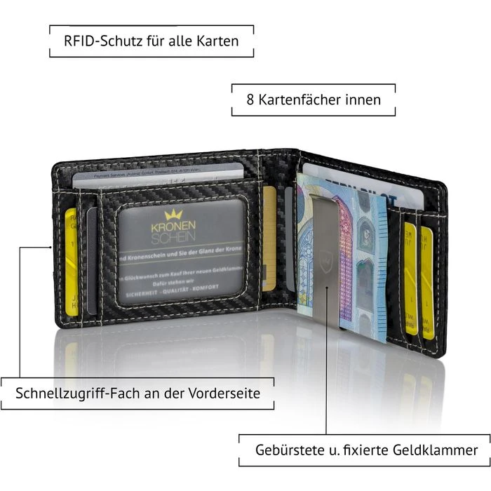 Kronenschein Geldbörse GKM-02C, Kunstleder, Carbon, Slim Wallet Herren RFID Schutz Kompaktes Münzfach 4 Kronenschein Geldbörse GKM-02C, Kunstleder, Carbon, Slim Wallet Herren RFID Schutz Kompaktes Münzfach – Bild 2