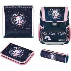 Herlitz Schulranzen Loop Plus Unicorn, 50037377, Für Mädchen, Blau / Rosa, 4-teiliges Set