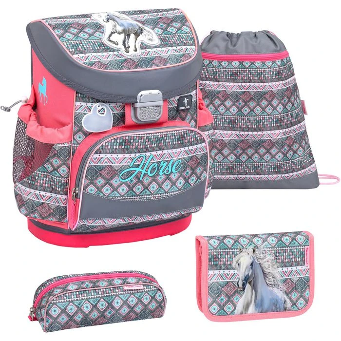 Belmil Schulranzen Mini Fit Horse Aruba Blue, 405-33, Für Mädchen, Grau / Pink, 4-teiliges Set 3 Belmil Schulranzen Mini Fit Horse Aruba Blue, 405-33, Für Mädchen, Grau / Pink, 4-teiliges Set