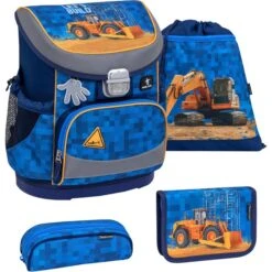 Belmil Schulranzen Mini Fit Bulldozer 405-33, Für Jungen, Blau / Orange, 4-teiliges Set