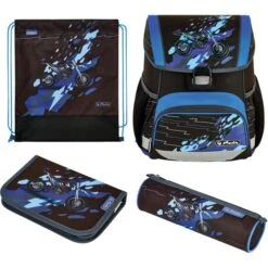 Herlitz Schulranzen Loop Plus CamouCross 50037414, Für Jungen, Schwarz / Blau, 4-teiliges Set
