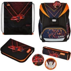 Herlitz Schulranzen UltraLight Plus Mechanic, 50037728, Für Jungen, Schwarz / Orange, 4-tlg. Set