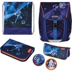Herlitz Schulranzen FiloLight Plus Galaxy Game, 50037919, Für Jungen, Blau / Orange, 4-tlg. Set