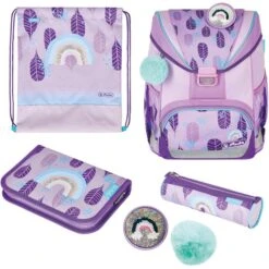Herlitz Schulranzen UltraLight Plus Rainbow Feathers, 50037698, Für Mädchen, Lila / Türkis, 4-tlg. Set