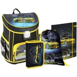 Spirit Schulranzen Vision Racer TTS 409133, Für Jungen, Schwarz / Gelb, 4-teiliges Set